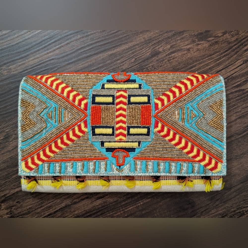 America & Beyond Tribal Patterned Clutch with Red and Blue Accents